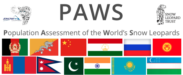 Logos for the Global Snow Leopard Trust, Population Assessment of the World's Snow Leopards, and flags for the 12 countries where snow leopards are found.
